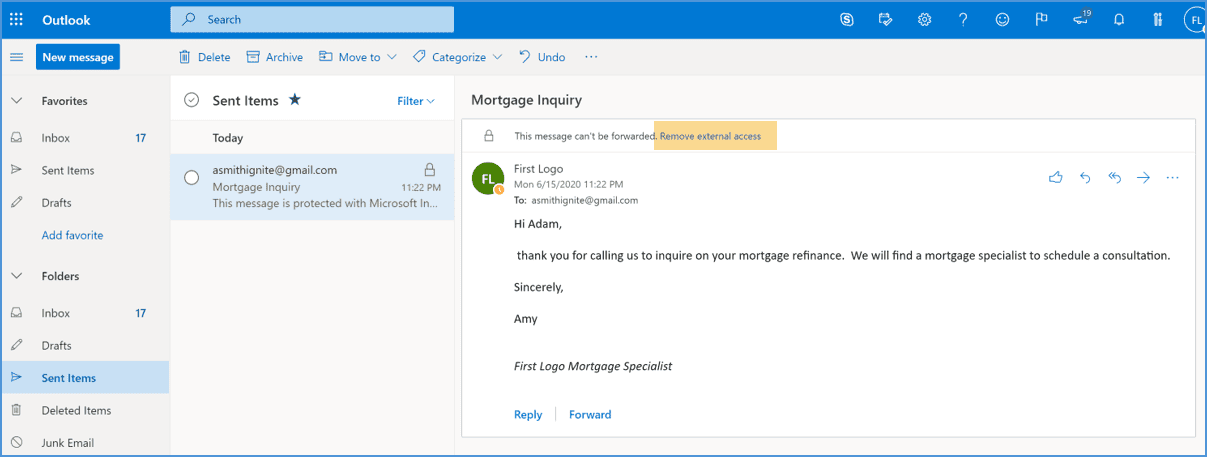 Outlook encrypted email revocation using Remove external access.