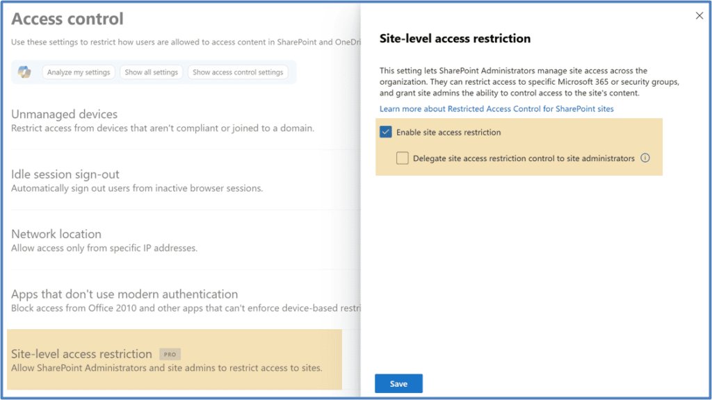 SharePoint Admin Center screen showing site access restriction settings for enforcing Restricted Access Control.