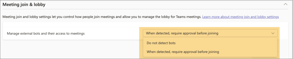 Microsoft Teams admin center setting manages external bot access and approval policies for enterprise meetings.