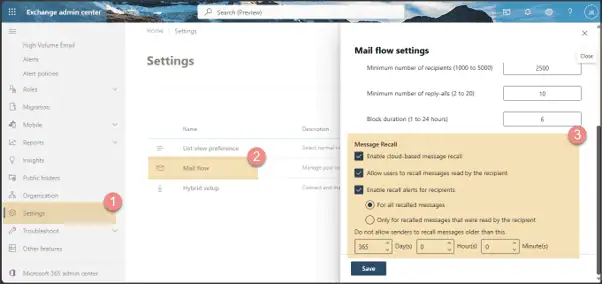 Exchange Admin Center Message Recall settings showing cloud-based recall controls, recipient notifications and recall policy configuration in Exchange Online.