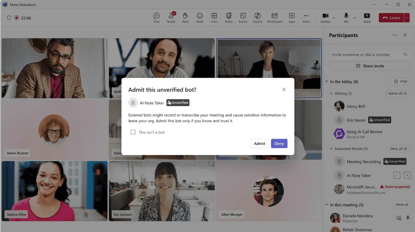 Microsoft Teams bot warning shows external AI bots needing approval before entering enterprise meetings.