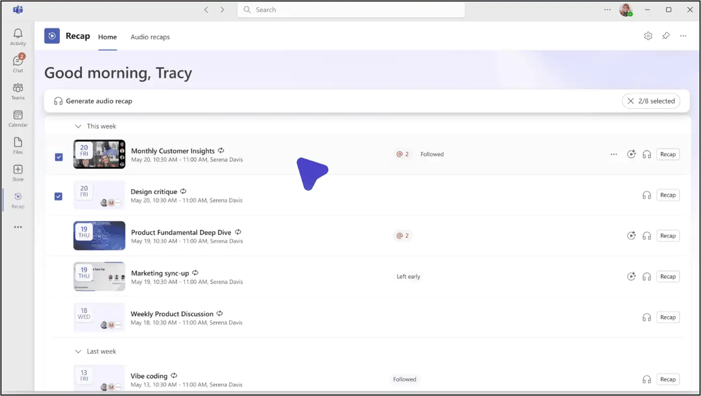 Microsoft Teams Recap app selecting multiple meeting recaps to generate a combined audio recap for enterprise review.