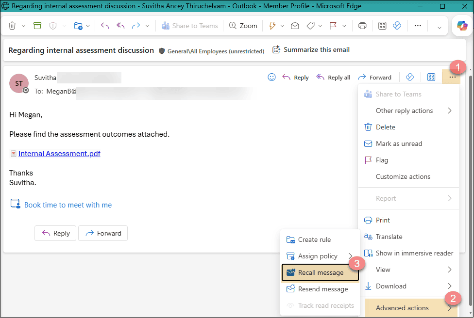 Outlook Message Recall option in the Sent folder showing how users recall sent emails in Exchange Online across Microsoft 365 tenants.