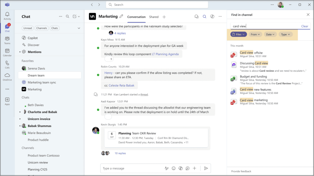 Microsoft Teams advanced file search filters for finding shared documents in chats and channels.