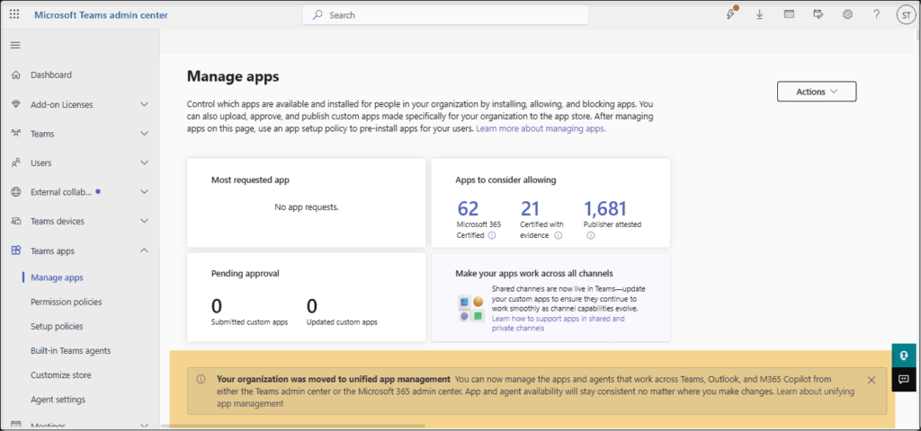 Teams admin center banner showing unified app and agent management for Microsoft 365, Teams, and Outlook.