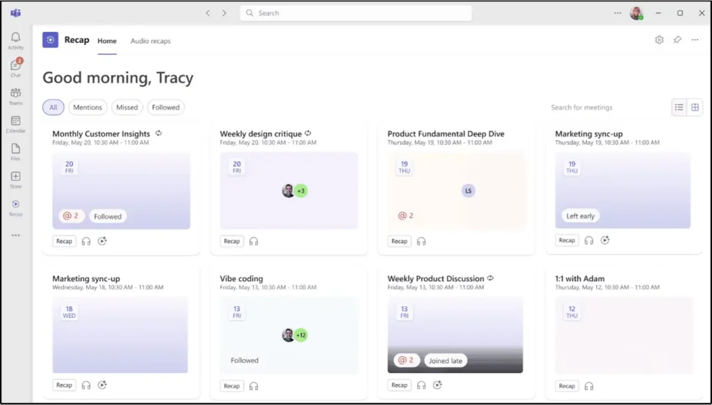 Microsoft Teams Recap app showing meeting recordings, transcripts, AI summaries, video recaps, and audio recaps in one place.