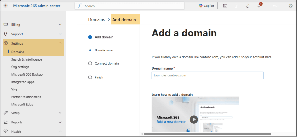 Microsoft 365 admin center page for managing and adding a custom domain.