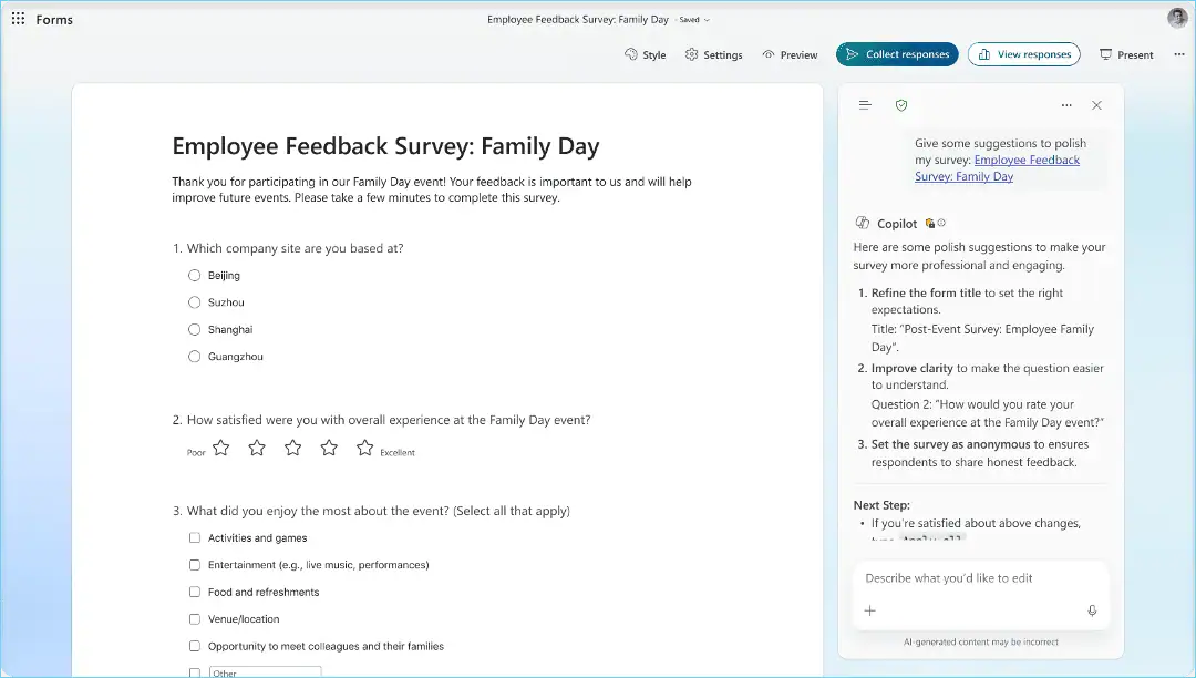 Microsoft Forms Copilot chat pane helping users create, edit, and analyze surveys with AI powered prompts.