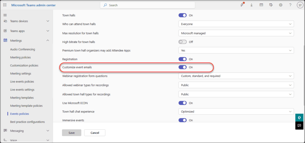Microsoft Teams admin center event policy setting for customizing webinar and town hall emails.