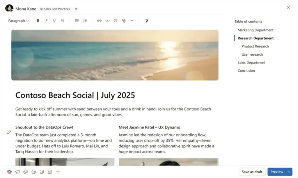 Viva Engage articles improve Microsoft 365 content publishing with table of contents, multi column layouts, and inline media.
