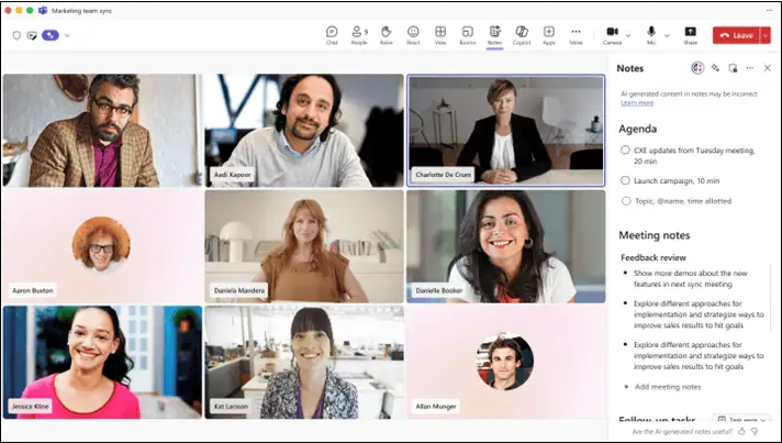 Microsoft Teams Notes pane capturing agendas, decisions, and tasks during instant meetings.