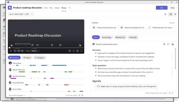 Microsoft Teams Recap tab showing instant meeting notes, agendas, decisions, and follow-up tasks.