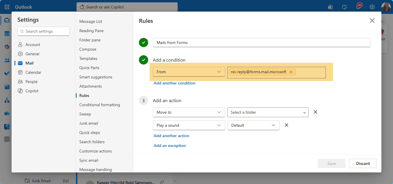 Example of Email security rule updated to recognize the new Microsoft Forms notification sender address.