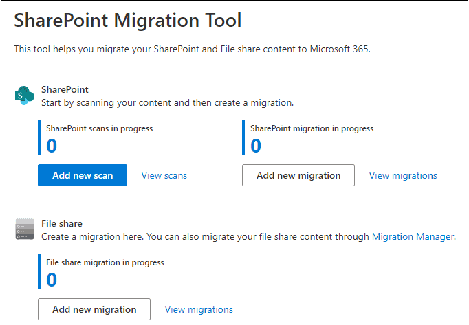 SharePoint Migration Tool home page showing options to start a file share or SharePoint Server migration to Microsoft 365.