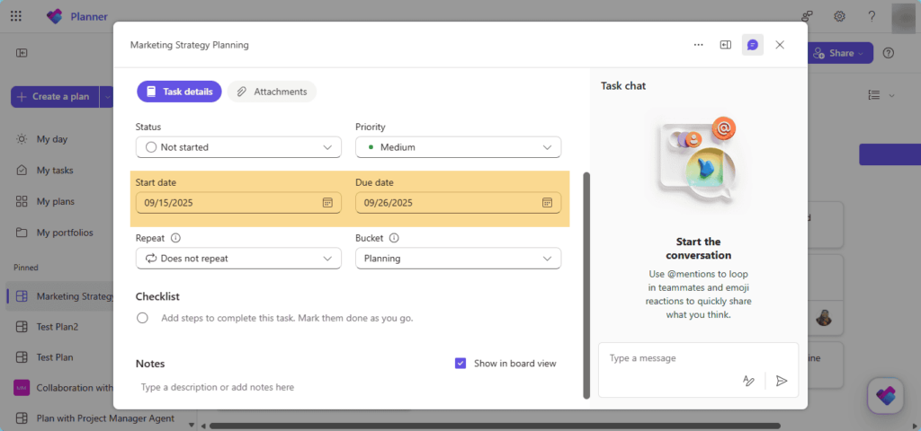 Microsoft Planner task details screen showing editable start date and due date fields.