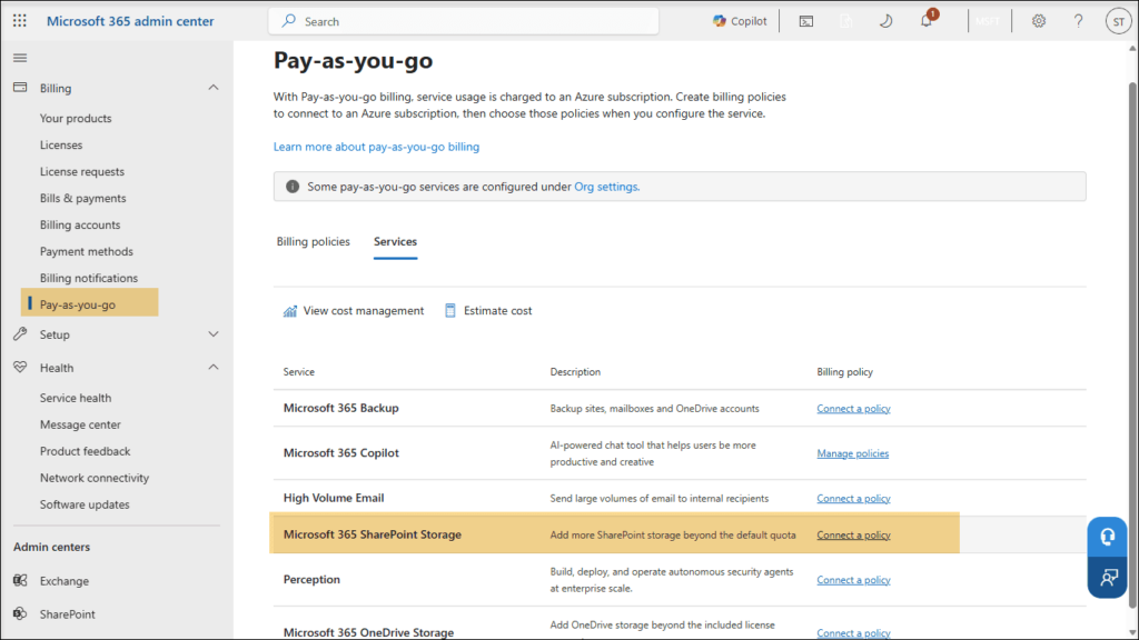 Microsoft 365 pay-as-you-go SharePoint storage setup showing Azure billing for extra storage capacity.