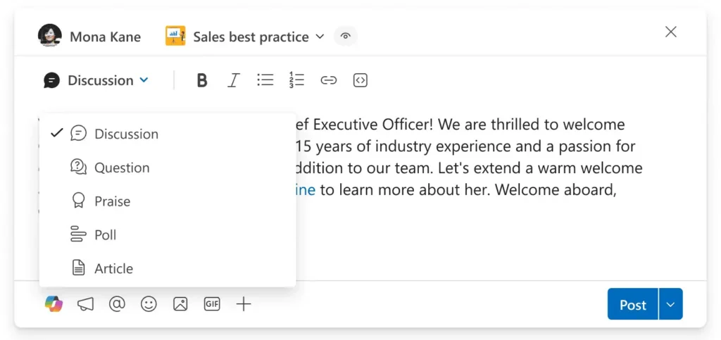 Change Viva Engage post type from the publisher menu to create targeted enterprise employee communication.