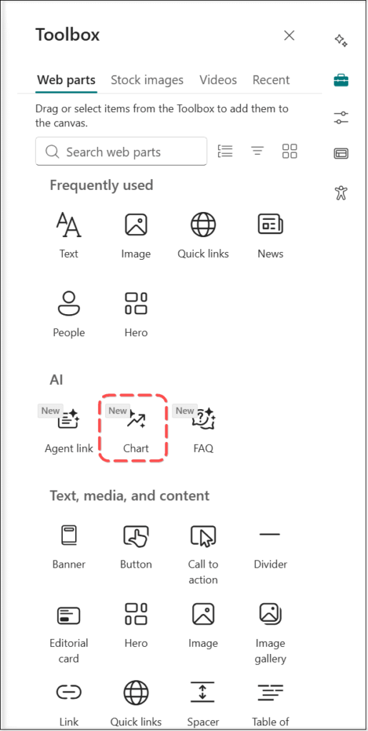 SharePoint AI chart web part toolbox showing how users can access the AI chart experience to create data visuals on pages.