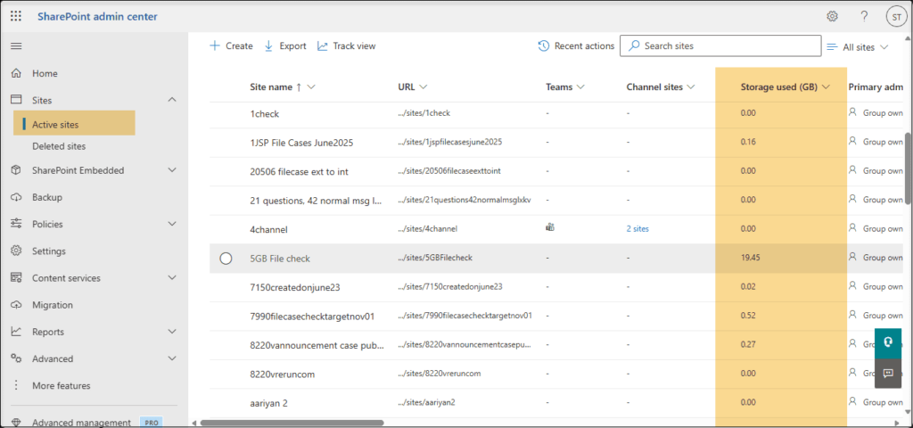 SharePoint admin center Active sites page displaying site storage usage for Microsoft 365 storage monitoring.