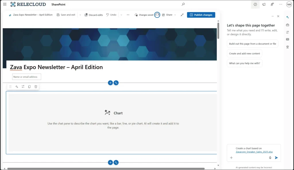 SharePoint AI chat pane prompt showing how to create an AI-powered chart on a SharePoint page using natural-language instructions.