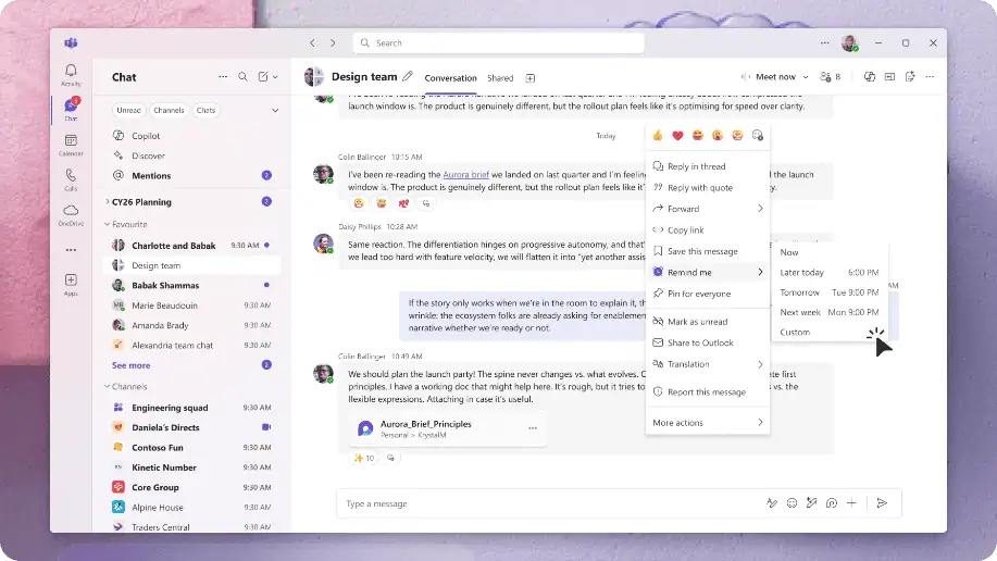 Microsoft Teams message menu showing the option to create a personal reminder from a chat or channel message.