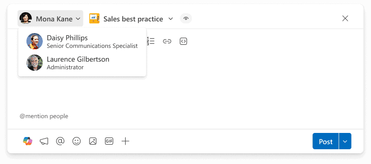 Post on behalf selection at the top of the Viva Engage publisher for clearer enterprise employee communication.