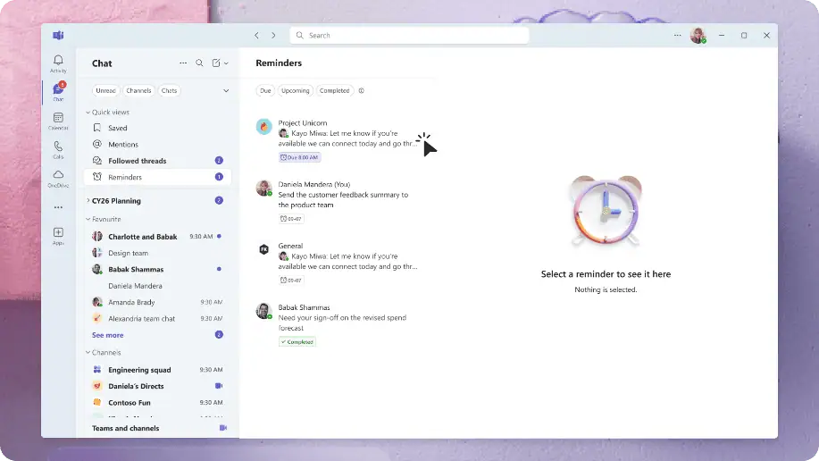 Microsoft Teams dedicated Reminders view showing message reminders and follow-up items.