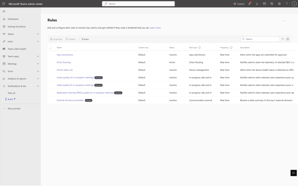 Microsoft Teams admin center showing real-time alerting rules for enterprise meeting and call monitoring.