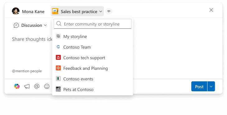 Select Storyline or Community as the Viva Engage post destination for targeted enterprise employee communication.