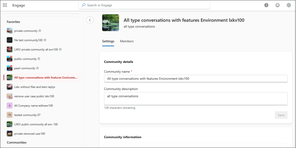 Viva Engage Community Settings showing admin options for managing community details, privacy, and membership permissions in Microsoft 365.