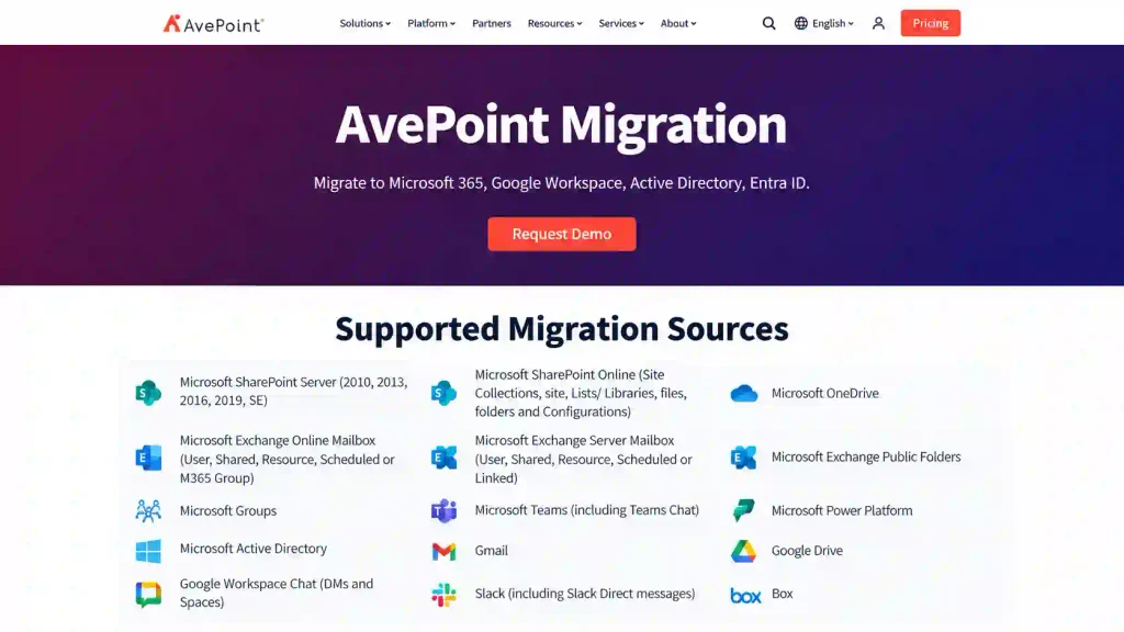 AvePoint Fly migration tool for Microsoft 365 tenant-to-tenant migration, supporting SharePoint, Teams, OneDrive, and Exchange.