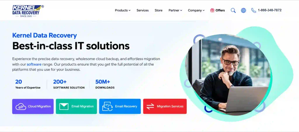Kernel Data Recovery homepage featuring cloud migration, email migration, email recovery, and IT data recovery solutions.
