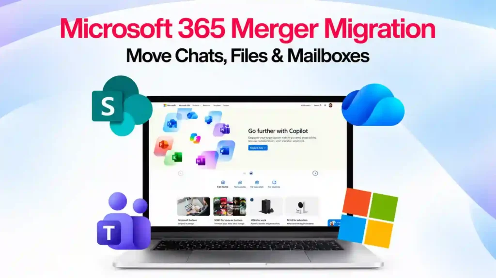 Microsoft 365 merger migration showing Teams chats, SharePoint files, OneDrive data, and Exchange mailboxes moving between tenants.