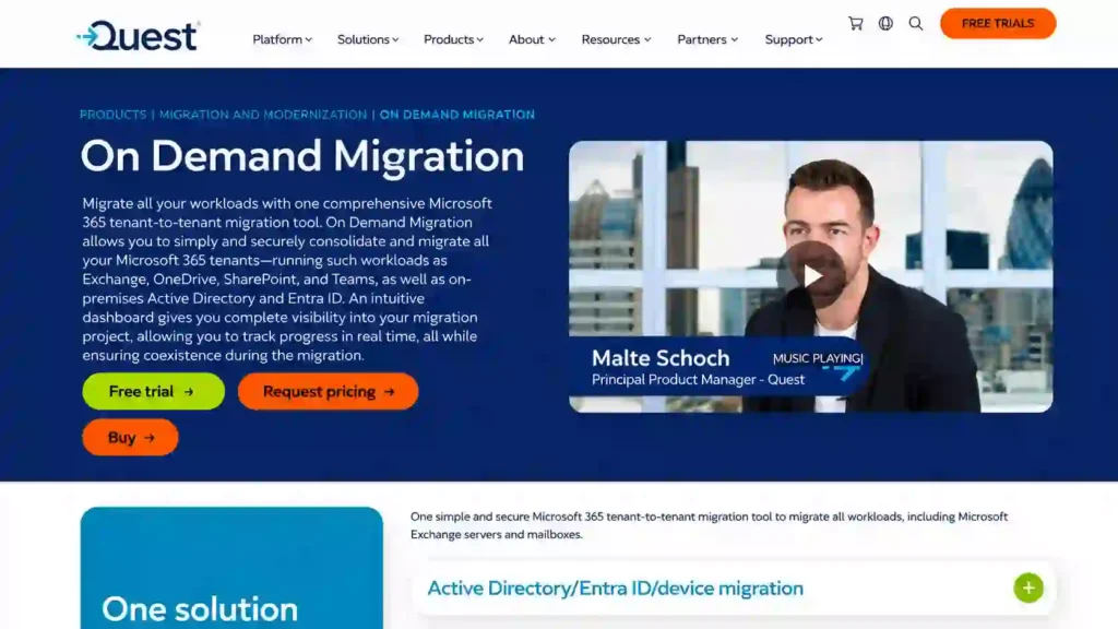 Quest On Demand Migration tool for Microsoft 365 tenant-to-tenant migration, including Entra ID, Exchange, and Active Directory.