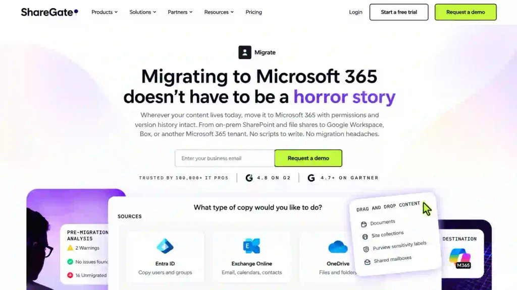 ShareGate Microsoft 365 tenant-to-tenant migration tool featuring Entra ID, Exchange Online, and drag-and-drop migration