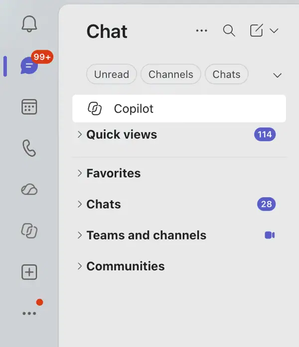 Microsoft Teams Chat list showing the Copilot shortcut before removal.