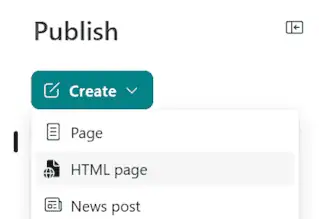 SharePoint Publish Landing Page Create menu showing the HTML page option for creating a new page.