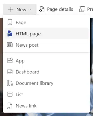 SharePoint New menu showing the HTML page option for creating a new page.