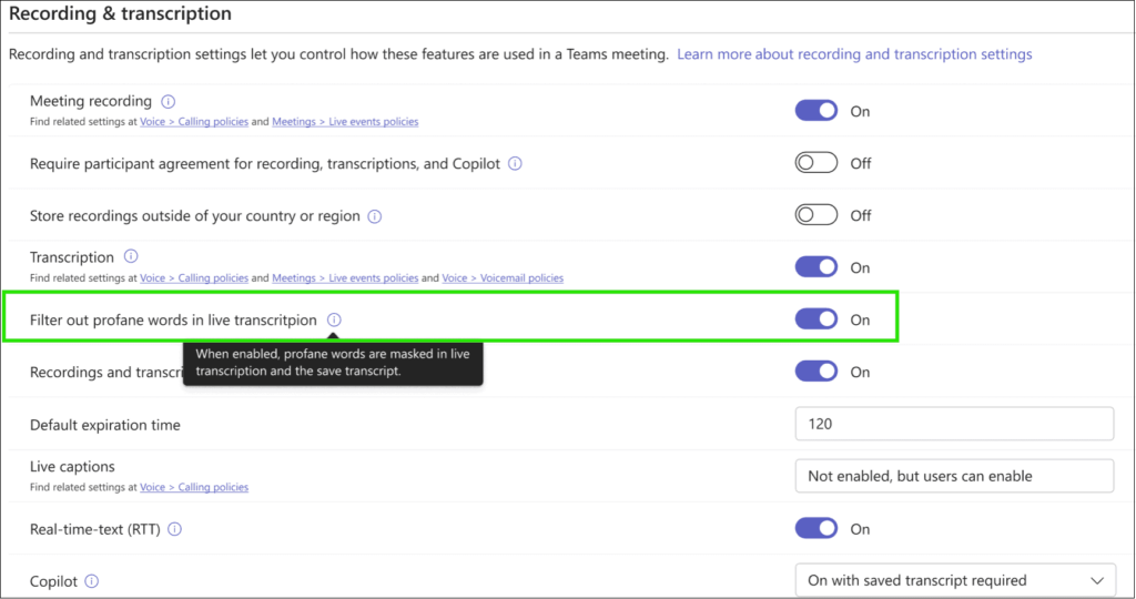 Microsoft Teams admin setting to control profanity filtering in live meeting transcripts.
