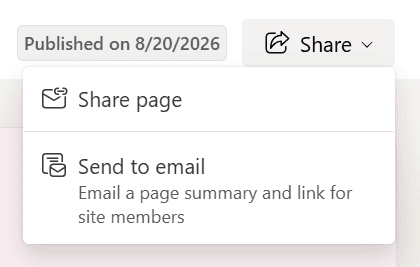 Sharing options for a published SharePoint HTML page.