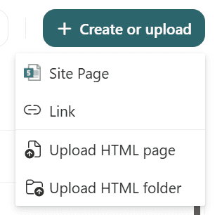 SharePoint Site Pages library menu showing options to upload an HTML page or HTML folder.